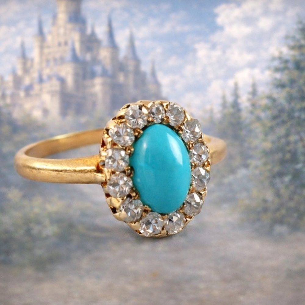 Antique turquoise diamond ring 14kt solid gold